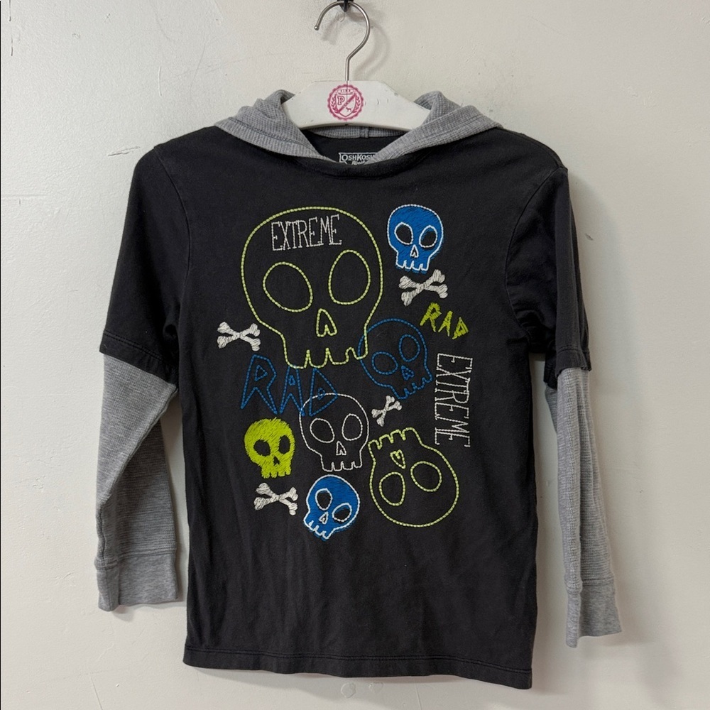 OshKosh B'gosh Hooded Layered-Look Skull Tee with Gray Sleeves Y2K dated 2013